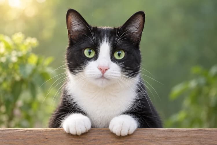 AI illustration of a black-and-white cat resting on a garden ledge